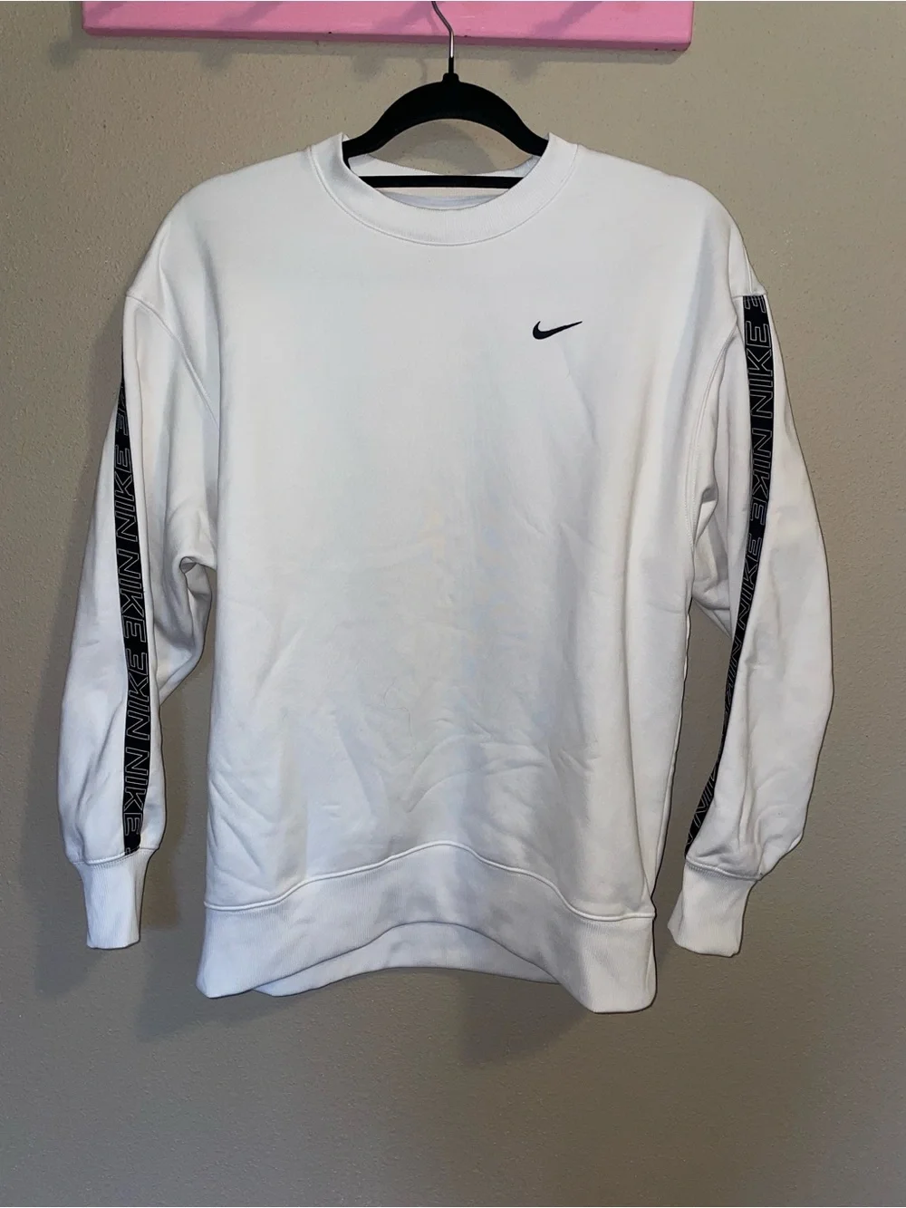 Nike White Crewneck Sweatshirt with Black Swoosh and Sleeve Tape